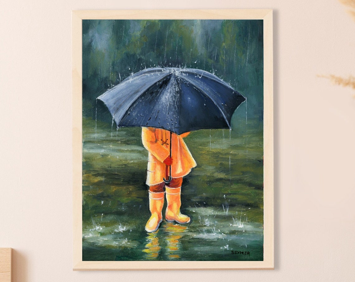 Small Child with Umbrella Splashing in the Summer Rain Poster - Image 5