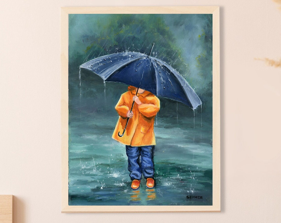 Print Little Girl Art Yellow Raincoat Artwork Baby Girl Painting Print Winter Rain Art Wet Umbrella Painting Children Room Nursery Decor - Image 6