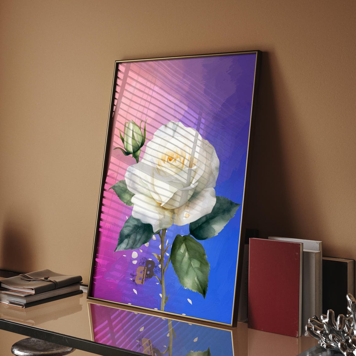 White Rose Bloom on Blue Violet Gradient Watercolor Floral Poster