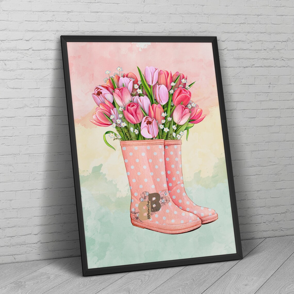 Pink Tulips in Pink Polka Dot Rain Boots Spring Floral Poster