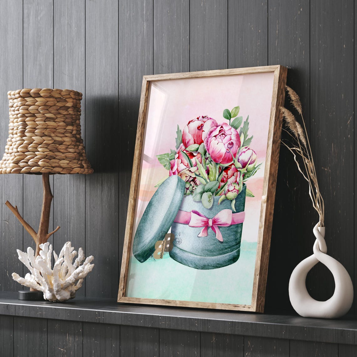 Blush Pink Peonies in a Ribboned Teal Gift Box Watercolor Poster