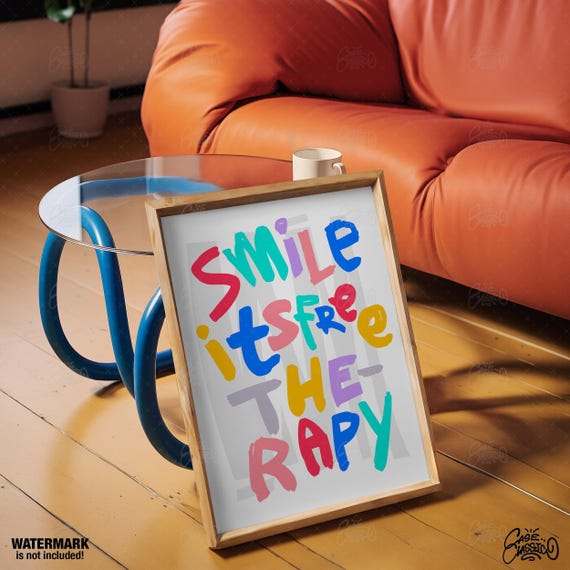 Smile Its Free Therapy Quote Print Motivational Poster Inspirational Wall Art Indie Room Decor Typography Colorful