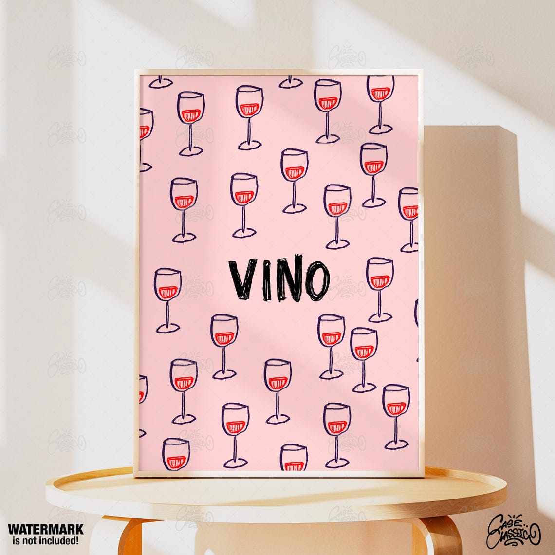 Vino Pink Wine Glasses Pattern Playful Kitchen Bar Art Poster