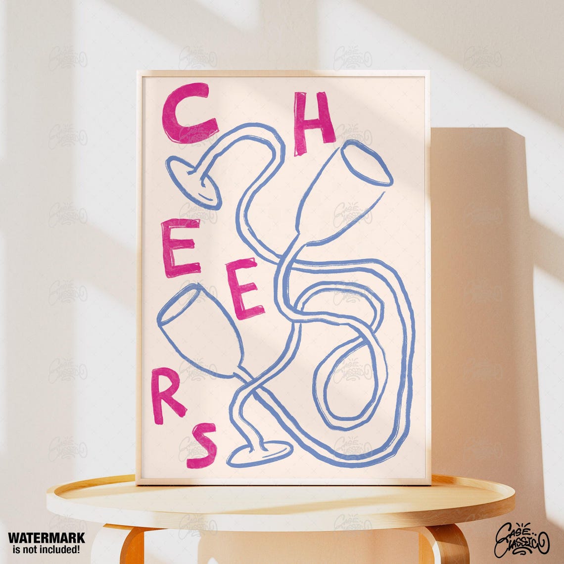 Cheers Champagne Glasses Squiggle Line Art Poster in Blue and Pink