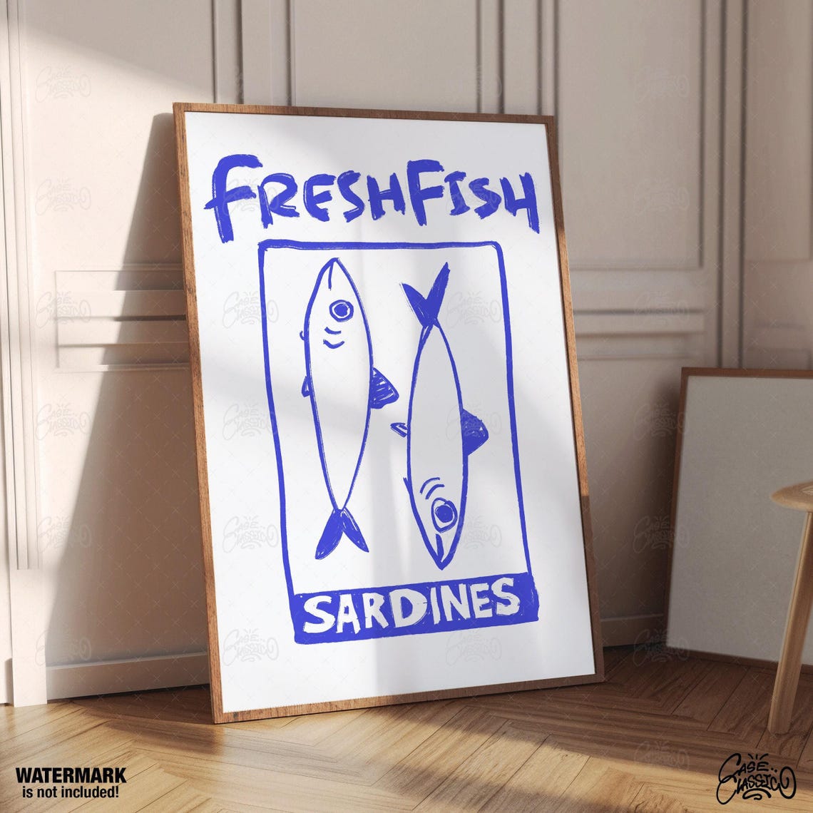 Blue Line Sardines Fresh Fish Kitchen Illustrated Art Poster