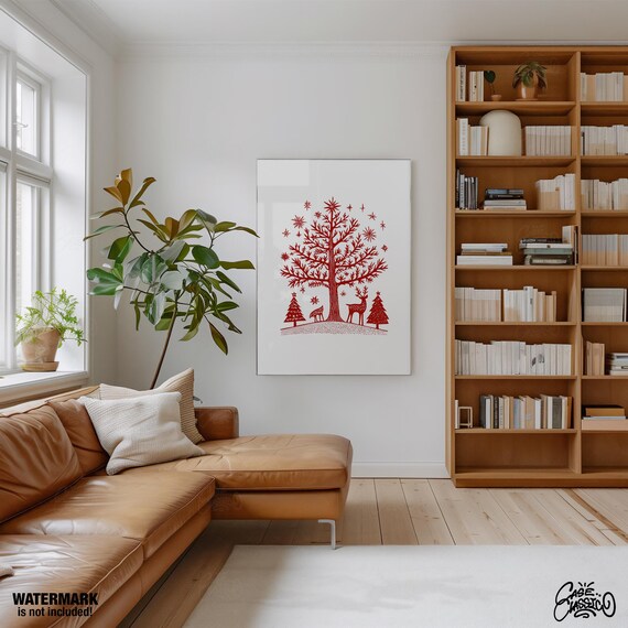 Red Scandinavian Christmas Tree with Deer Minimalist Holiday Poster