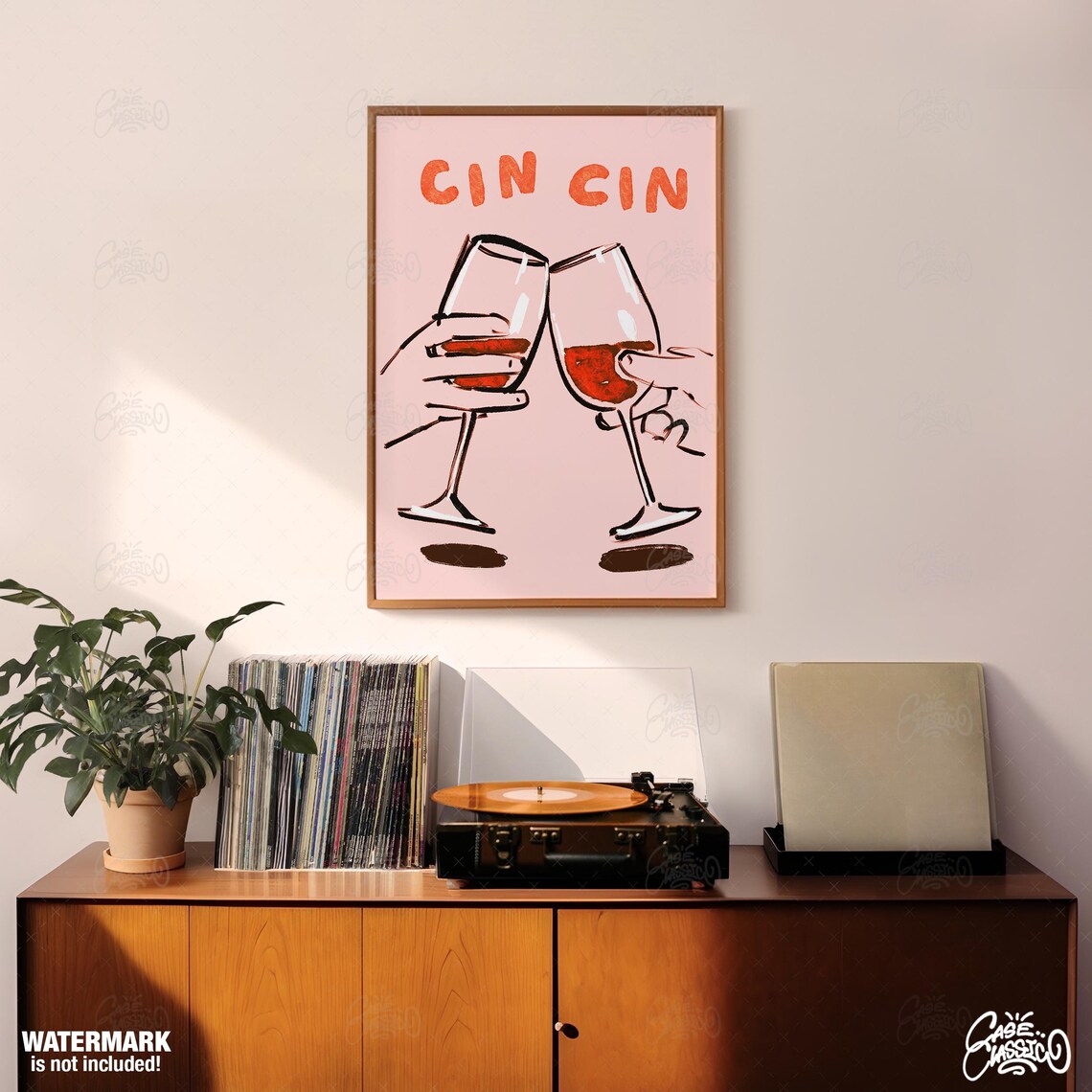 Cin Cin Cheers Red Wine Glasses Pink Hand Drawn Bar Cart Art Poster