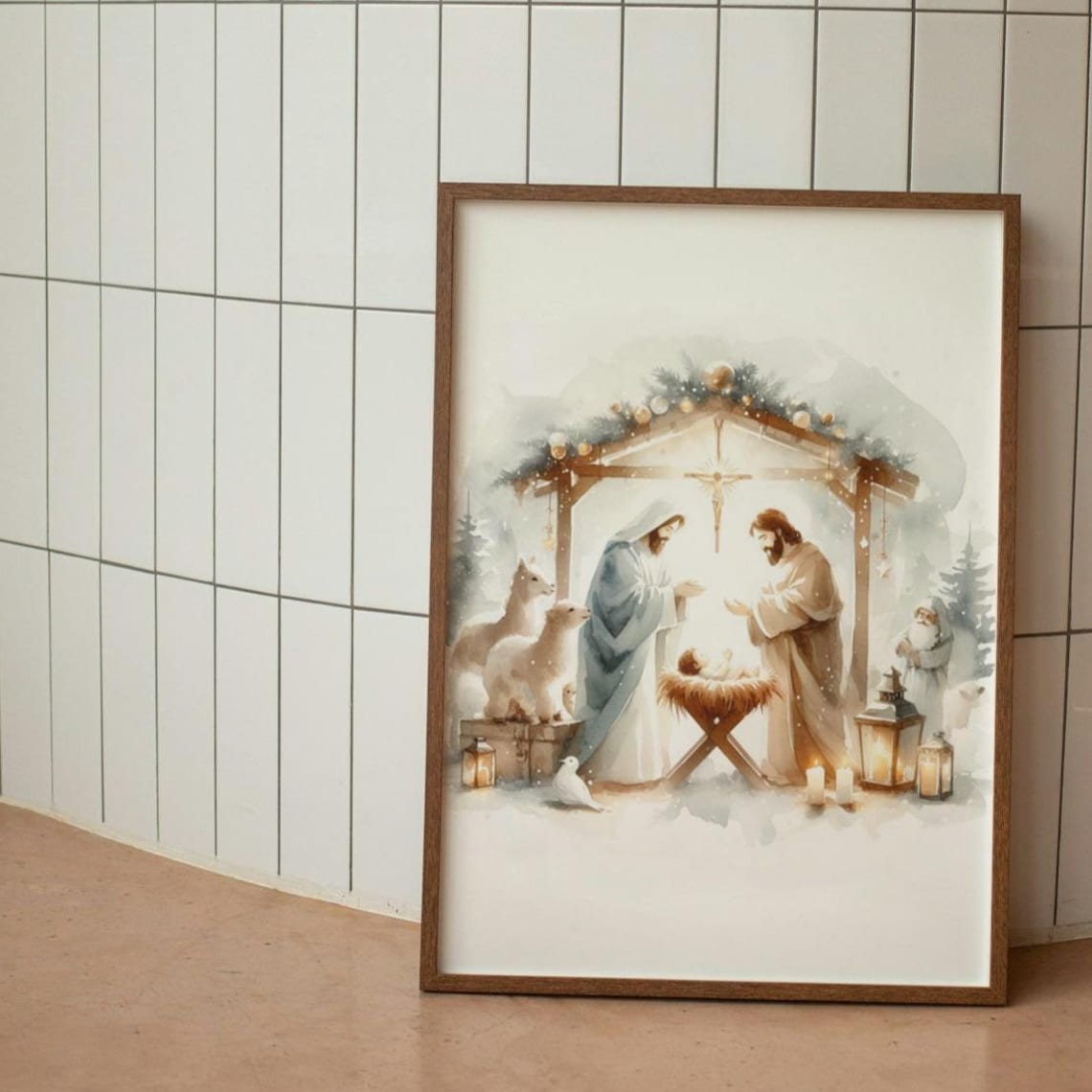 Christmas Nativity Scene Birth of Jesus Watercolor Holiday Print