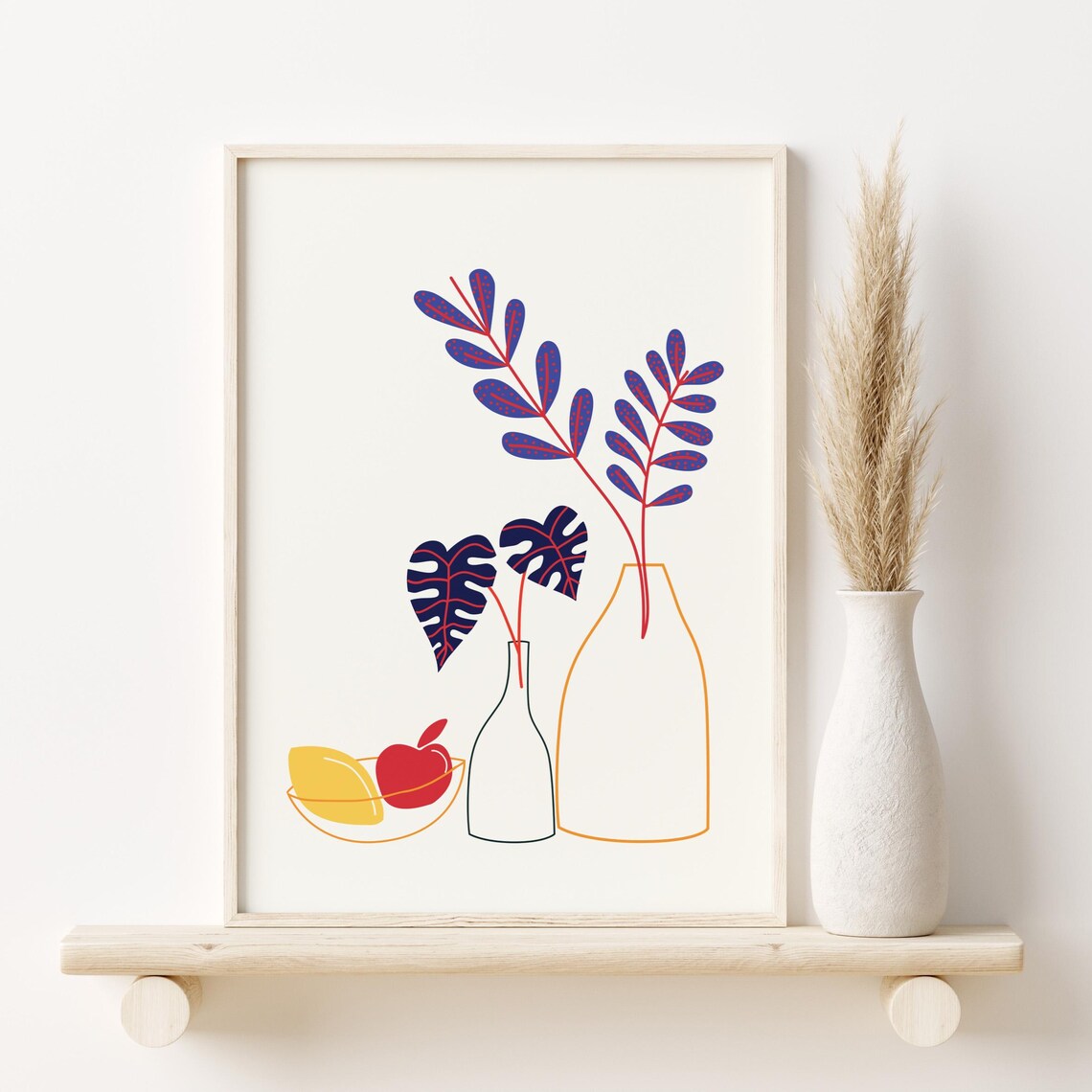 Botanical Line Art, Minimalist Abstract Fruit and Vase