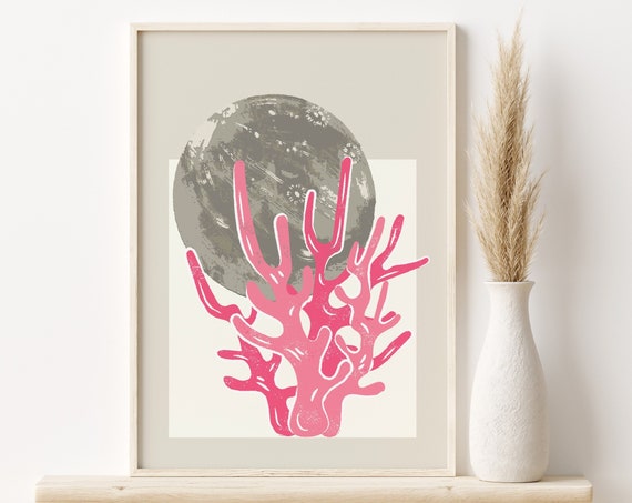 Moon Coral Art Print Moon Poster Coral Wall Art Wall Art Room Decor Coastal Print Pink And Gray Poster