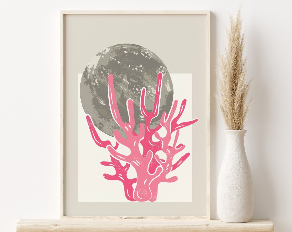 Moon Coral Art Print Moon Poster Coral Wall Art Wall Art Room Decor Coastal Print Pink And Gray Poster