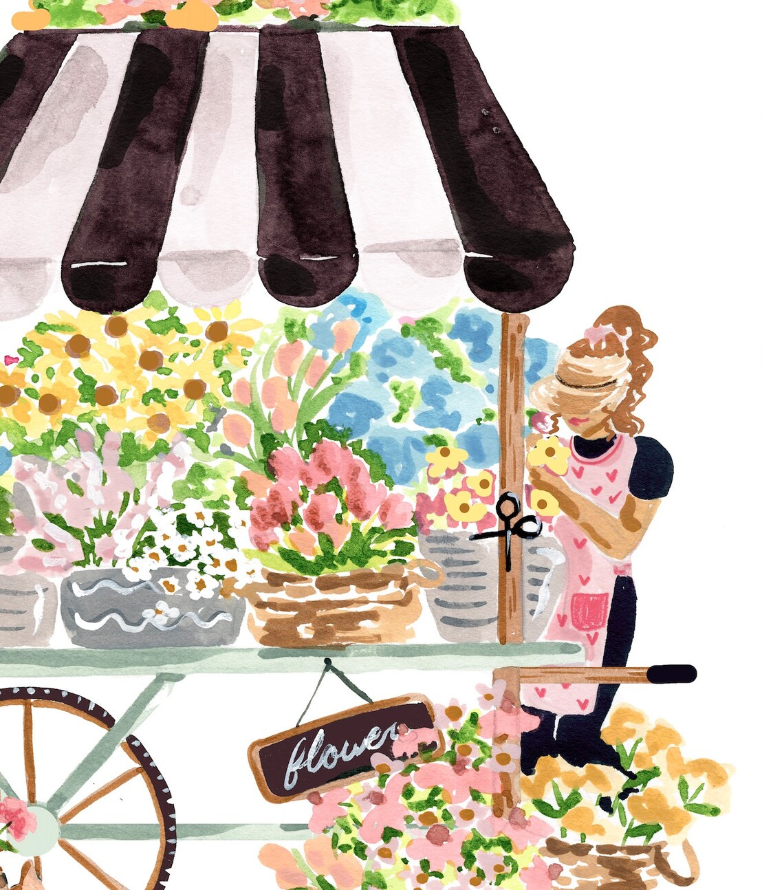 Flower Cart Art Print, Watercolor Floral Decor - Image 3