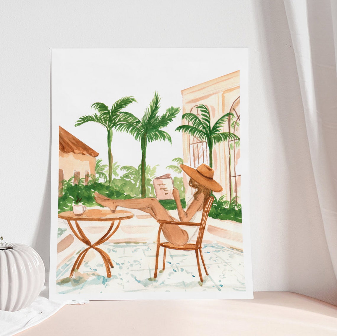 Vacation Mode Woman Reading At Tropical Resort Cafe Watercolor Print - Image 2
