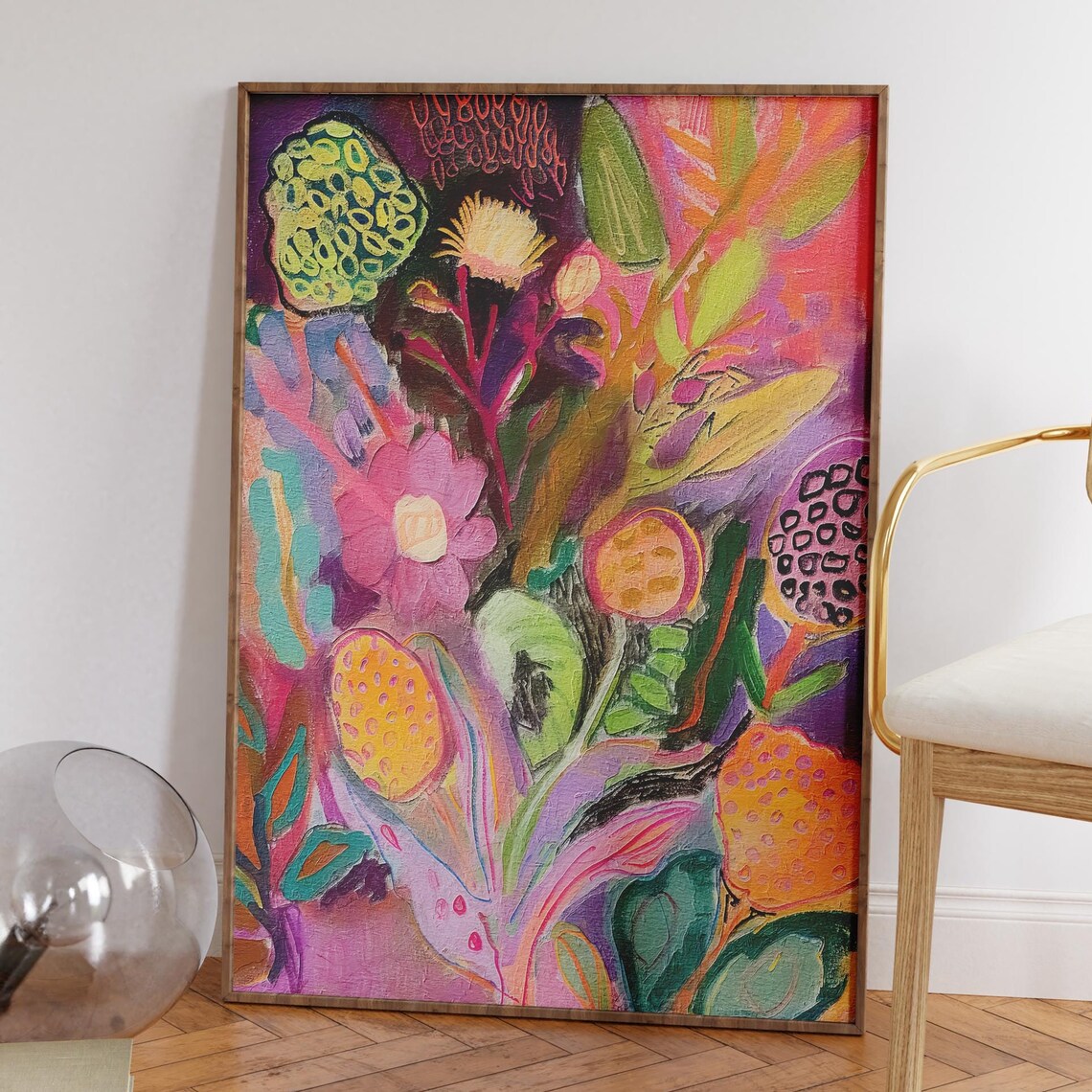 Moody Abstract Floral Painting Poster in Deep Plum and Tangerine