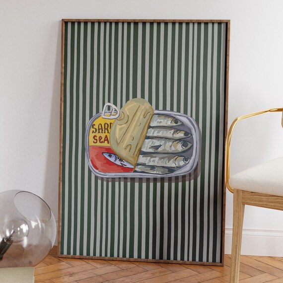 Sardines In A Can Print Sardines Art Print Seafood Print Retro Fish Illustration Dining Room Decor Restaurant Art