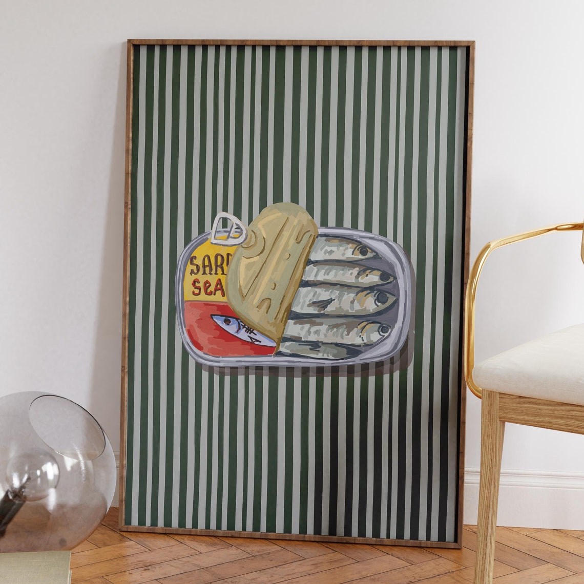 Retro Sardine Tin Art on Bold Green Vertical Stripes Background Poster