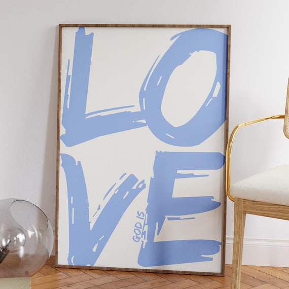 God Is Love Periwinkle Blue Brushstroke Lettering Christian Wall Poster