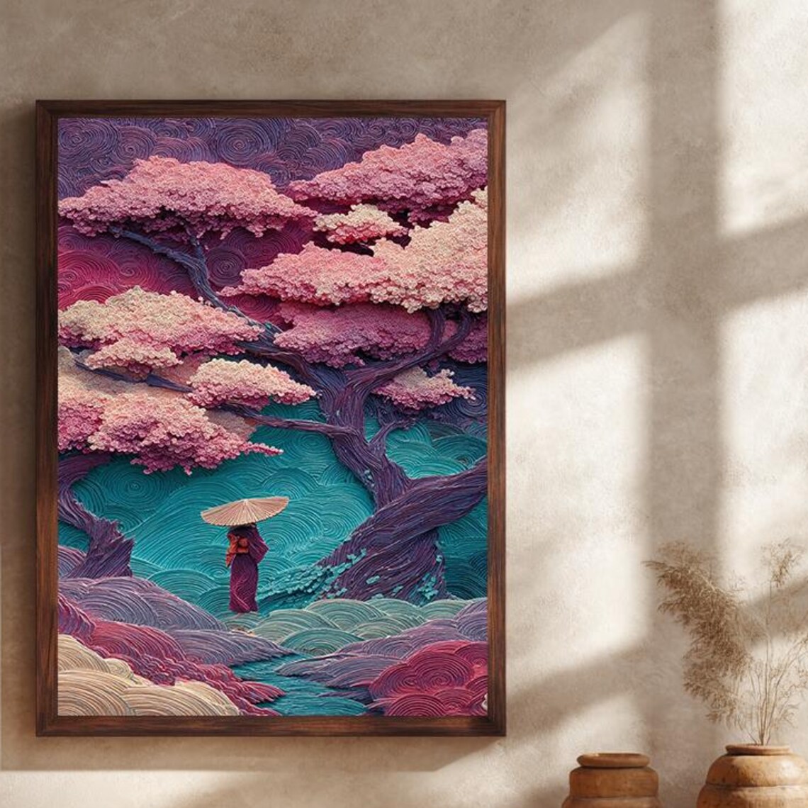 Cherry Blossom Woman Poster Japanese Textured Floral Fantasy Scene Art