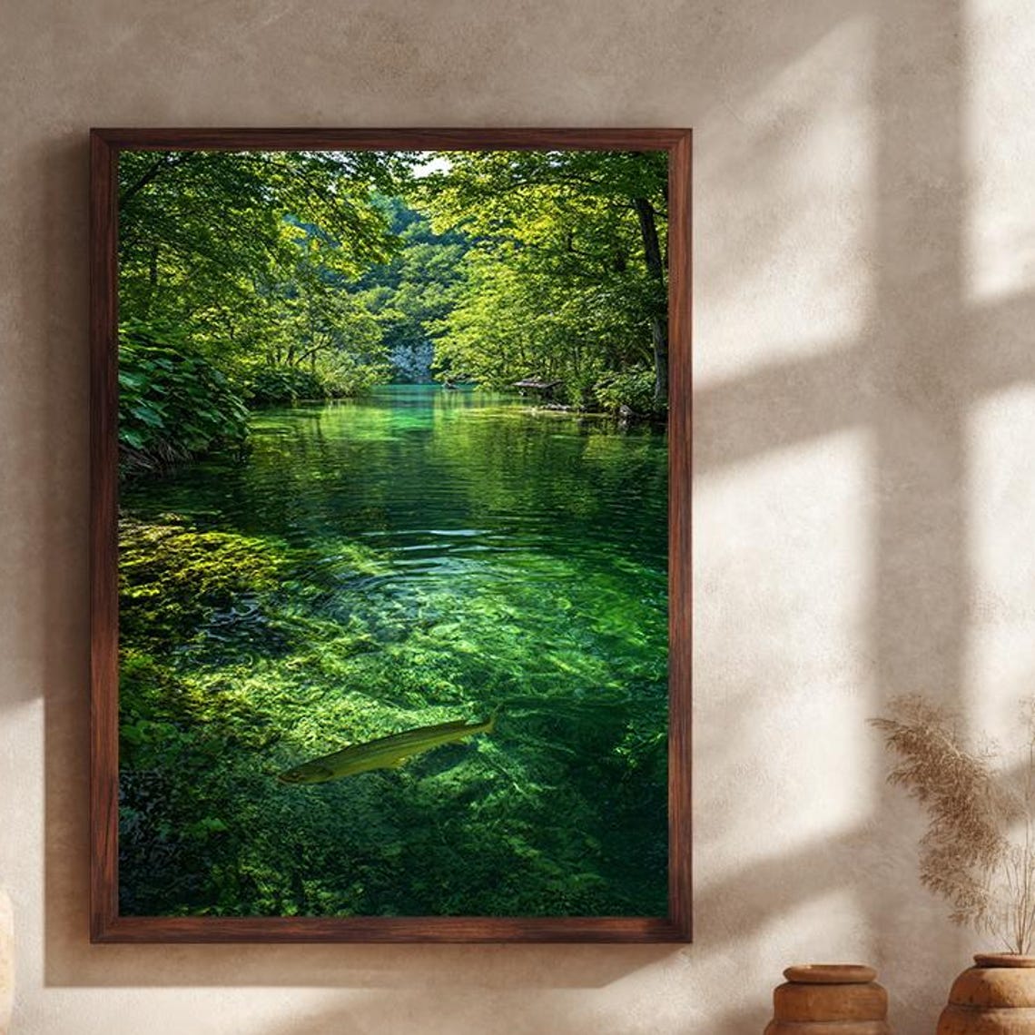 Crystal Clear Green River Poster With Fish In Sunlit Forest Water