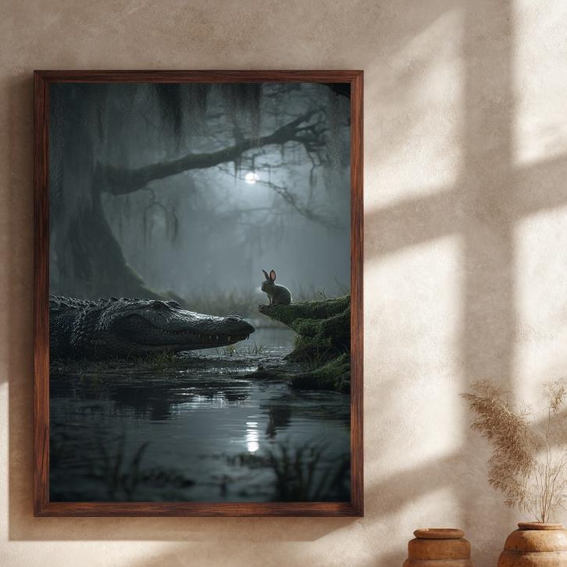 Moonlit Swamp Poster with Alligator and Rabbit Lost in the Mist