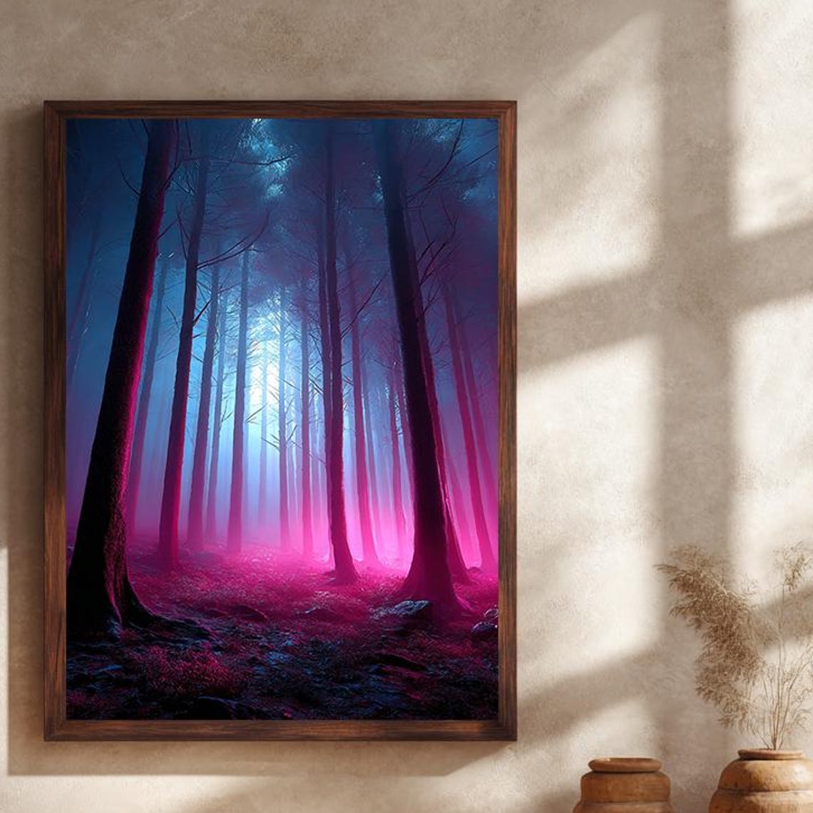 Mystical Neon Forest Wall Poster, Purple Blue Foggy Vaporwave Art
