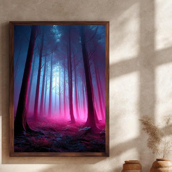 Mystical Neon Forest Canvas Print Fantasy Vaporwave Wall Art Purple And Blue Foggy Trees Magical Landscape Decor For Dreamy Modern Interiors