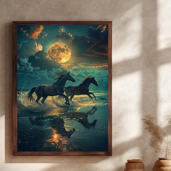 Two Wild Horses Galloping Along Moonlit Beach Waves Night Poster