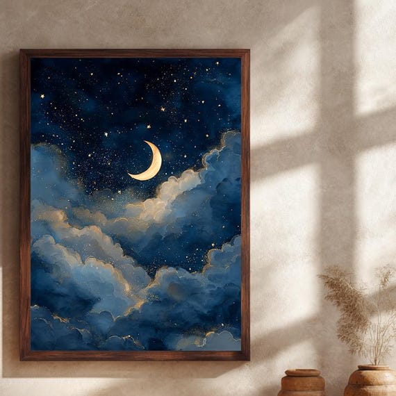 Crescent Moon And Stars Canvas Wall Art With Dreamy Clouds In Night Sky Celestial Print Poster For Boho Bedroom Nursery Or Spiritual Decor