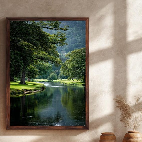 Serene Forest River Landscape Canvas Wall Art Tranquil Nature Scene With Lush Trees And Water Reflection For Calm Home Decor