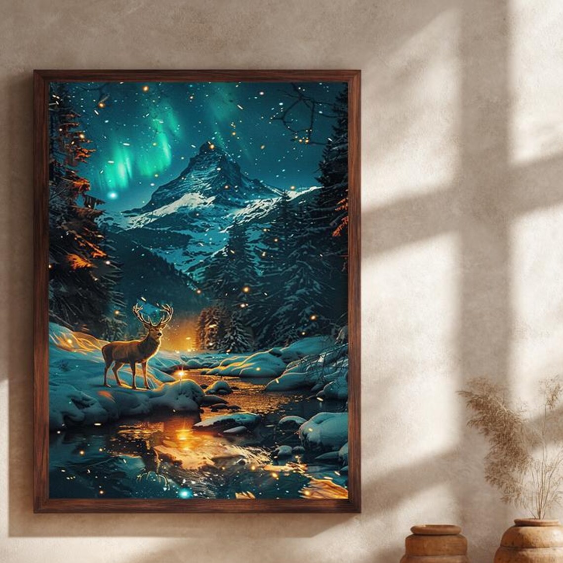 Stag by a Golden Stream Under Aurora Lights in Snowy Night Poster