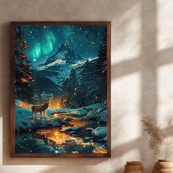 Aurora Borealis Canvas Wall Art Print With Majestic Stag And Snowy Mountain Landscape Magical Northern Lights Nature Decor