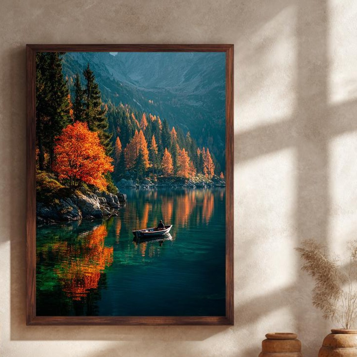 Autumn Lake Rowboat Poster Peaceful Fall Forest Reflection Mountain Water Scene