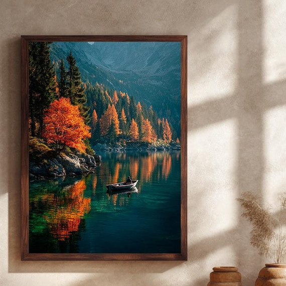 Autumn Lake Rowboat Poster Peaceful Fall Forest Reflection Mountain Water Scene