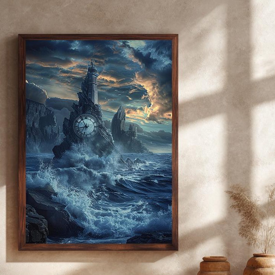 Surreal Lighthouse Giant Clock Stormy Sea Fantasy Canvas Poster