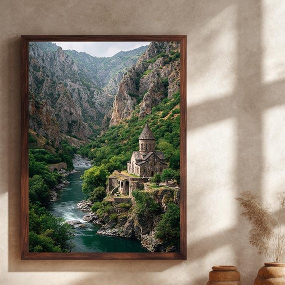 Ancient Monastery Canvas Wall Art With Mountain River Landscape Historic Architecture Nature Print For Living Room Home Decor