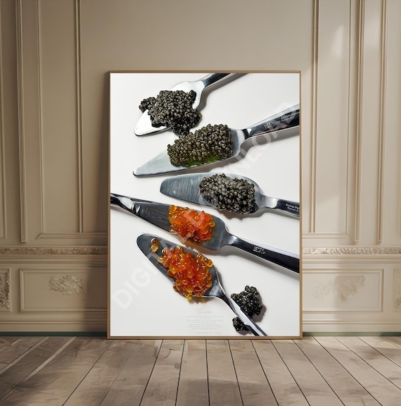 Luxury Caviar Tasting Poster with Black and Red Pearls on Silver Spoons