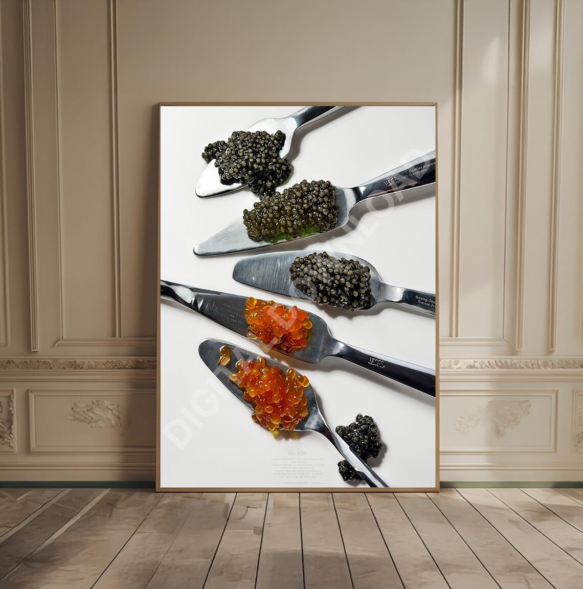 Luxury Caviar Tasting Poster with Black and Red Pearls on Silver Spoons