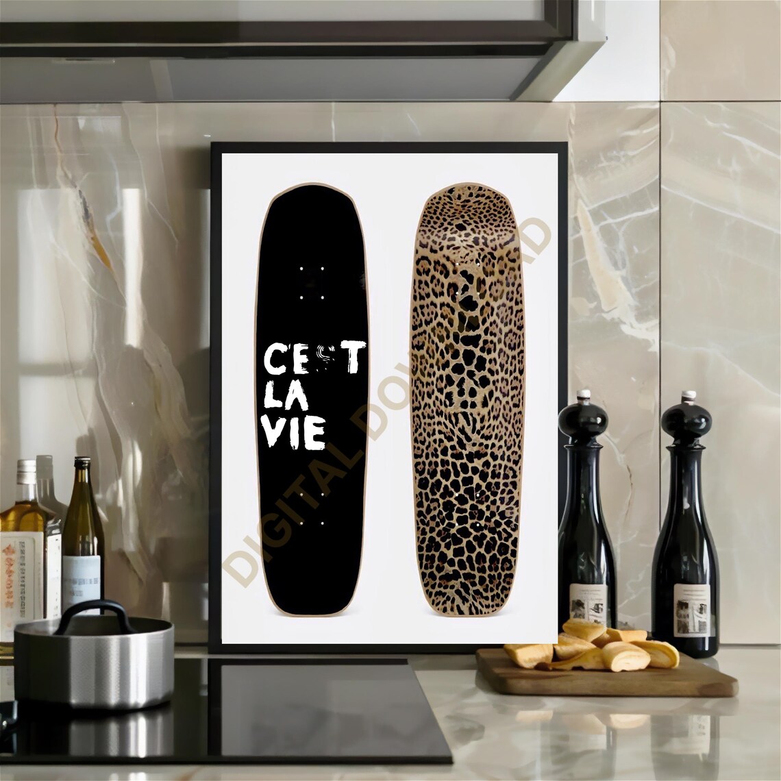 High Fashion Skateboard Deck Poster Cest La Vie Leopard Print Decor Black And White Trendy Dorm Cheetah Typography