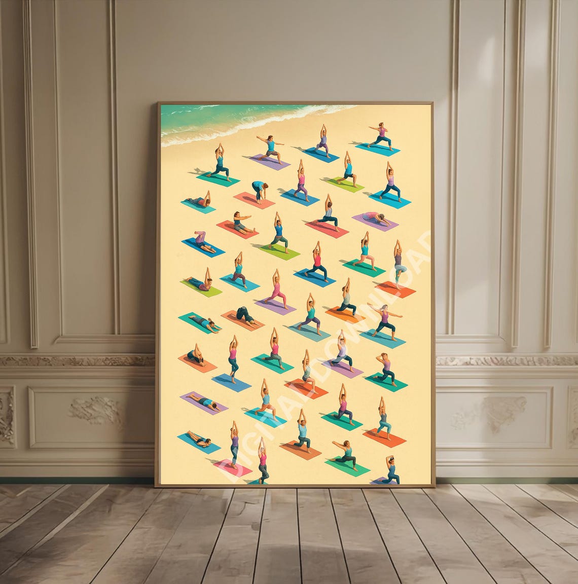 Tiny People Doing Yoga On Sunny Beach Colorful Wellness Poster