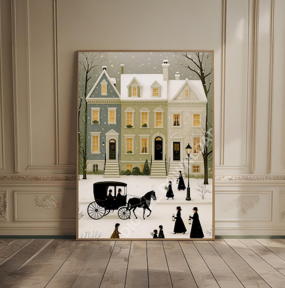 Victorian Townhouse Winter Street Horse Carriage Snow Poster