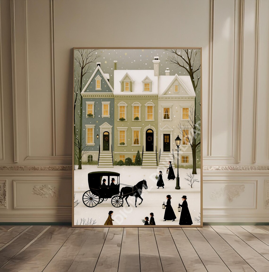 Victorian Townhouse Winter Street Horse Carriage Snow Poster
