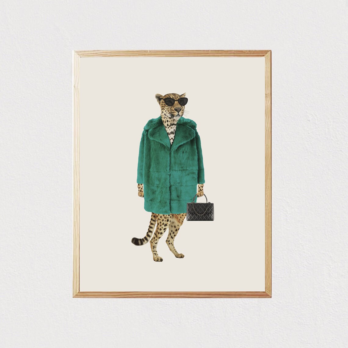 Chic Leopard In Green Fur Coat And Sunglasses Funny Fashion Animal Poster - Image 2