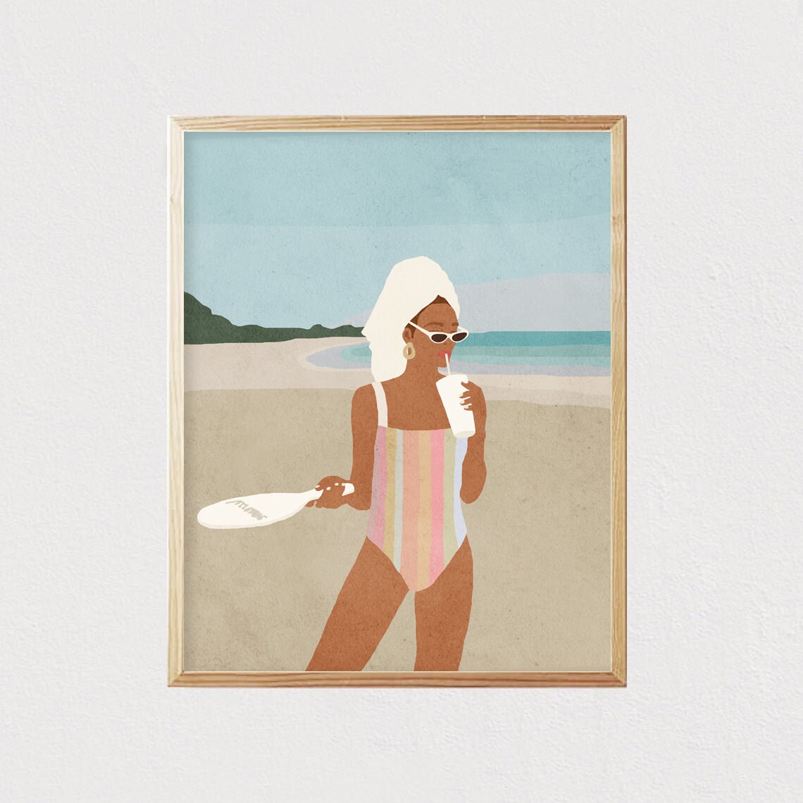 Abstract Beach Girl Portrait, Mid-Century Boho Art Print