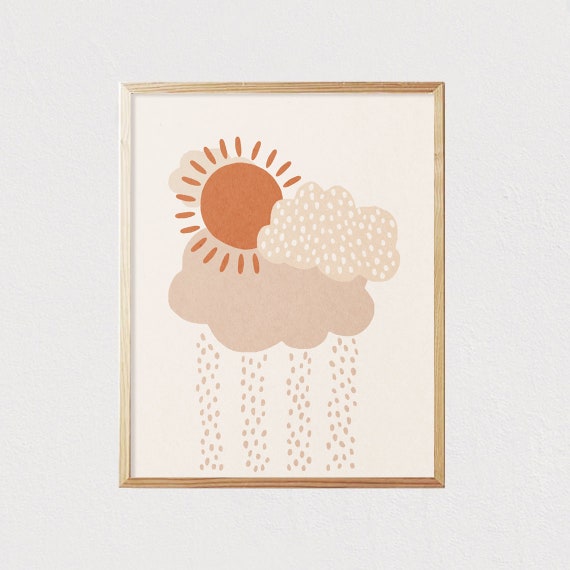 Cloud Rain Drops Illustration Art Neutral Boho Kids Art Earth Tones Nursery Room Interior Decor Mid Century 16x20