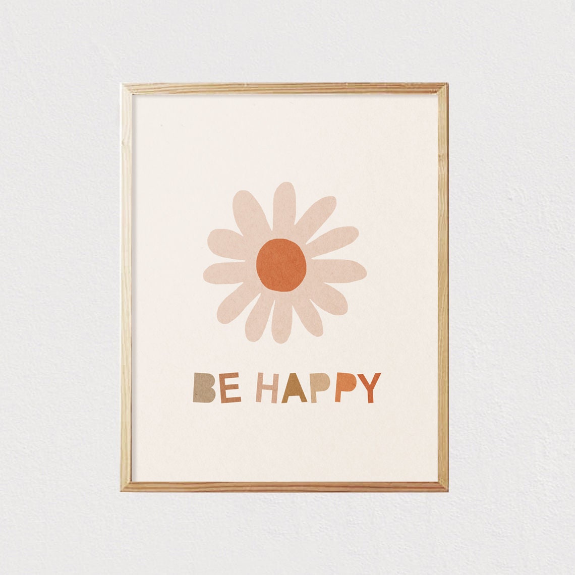 Be Happy Daisy Flower Neutral Boho Kids Room Decor Quote Poster