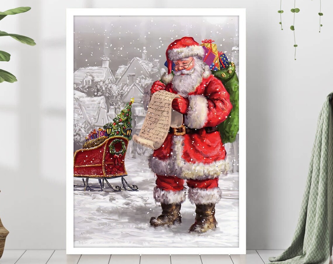 Santa Claus Christmas List Snowy Village Gift Sleigh Art Print