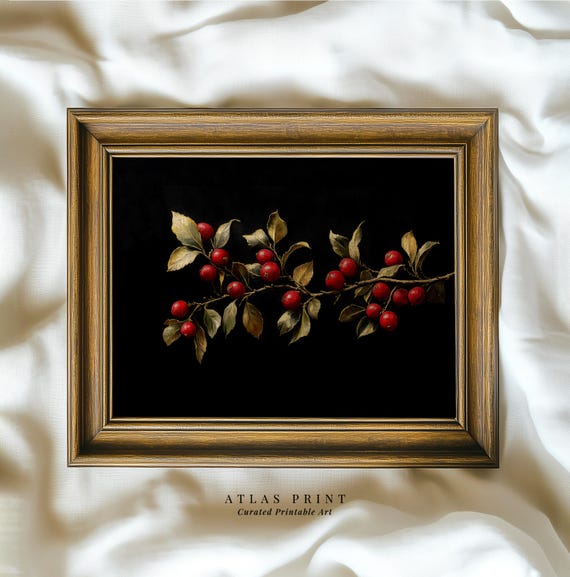 Vintage Christmas Mistletoe Painting Print Antique Moody Winter Wall Decor Dark Academia Wall Art Festive Holiday Print