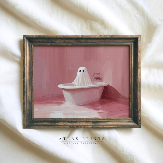 Cute Ghost In Hot Tub Halloween Print Spooky Girl Room Wall Art Funny Bathroom Pink Decor Modern Preppy Prints