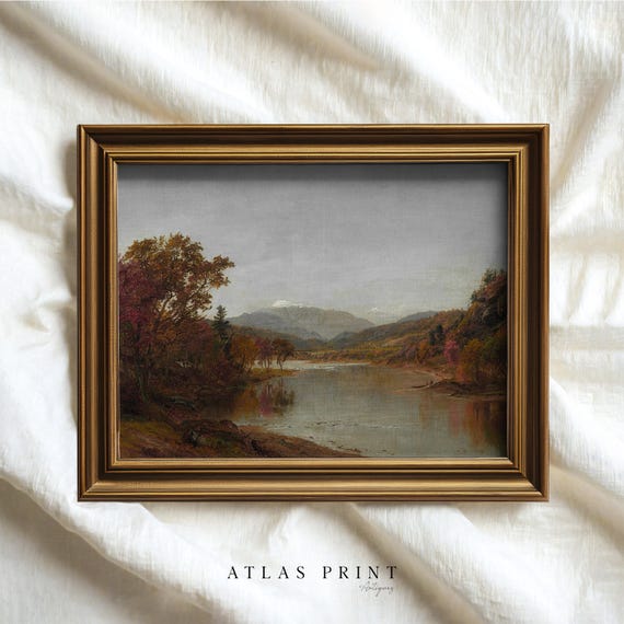 Muted Fall Print Autumn Landscape Oil Painting Vintage Living Room Wall Decor Antique Forest Moody Fall