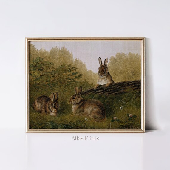Vintage Rabbit Oil Painting Three Hares Forest Scene Rustic Poster
